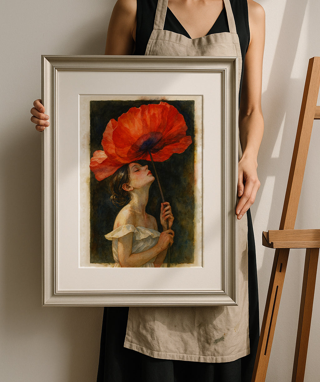 Watercolor Art Print - Woman with poppy flower