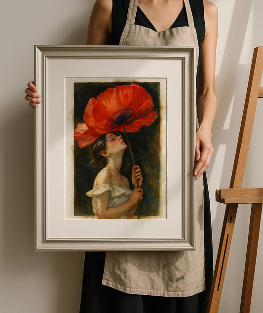 Watercolor Art Print - Woman with poppy flower