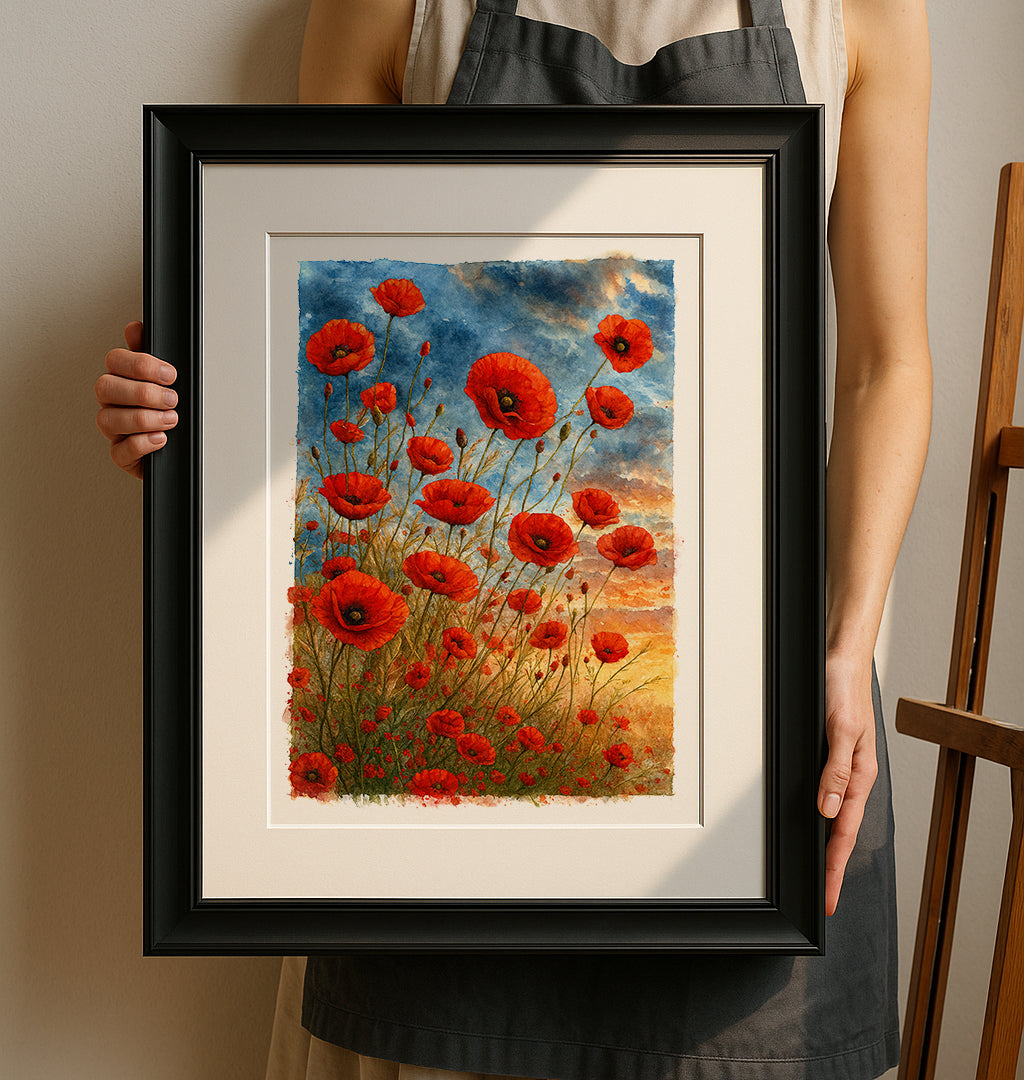 Poppy Flowers Field Watercolor Art Print | Hand-Painted Vibrant Meadow