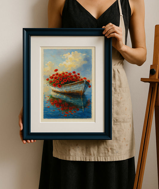 Watercolor Art Print - Boat with poppy flowers