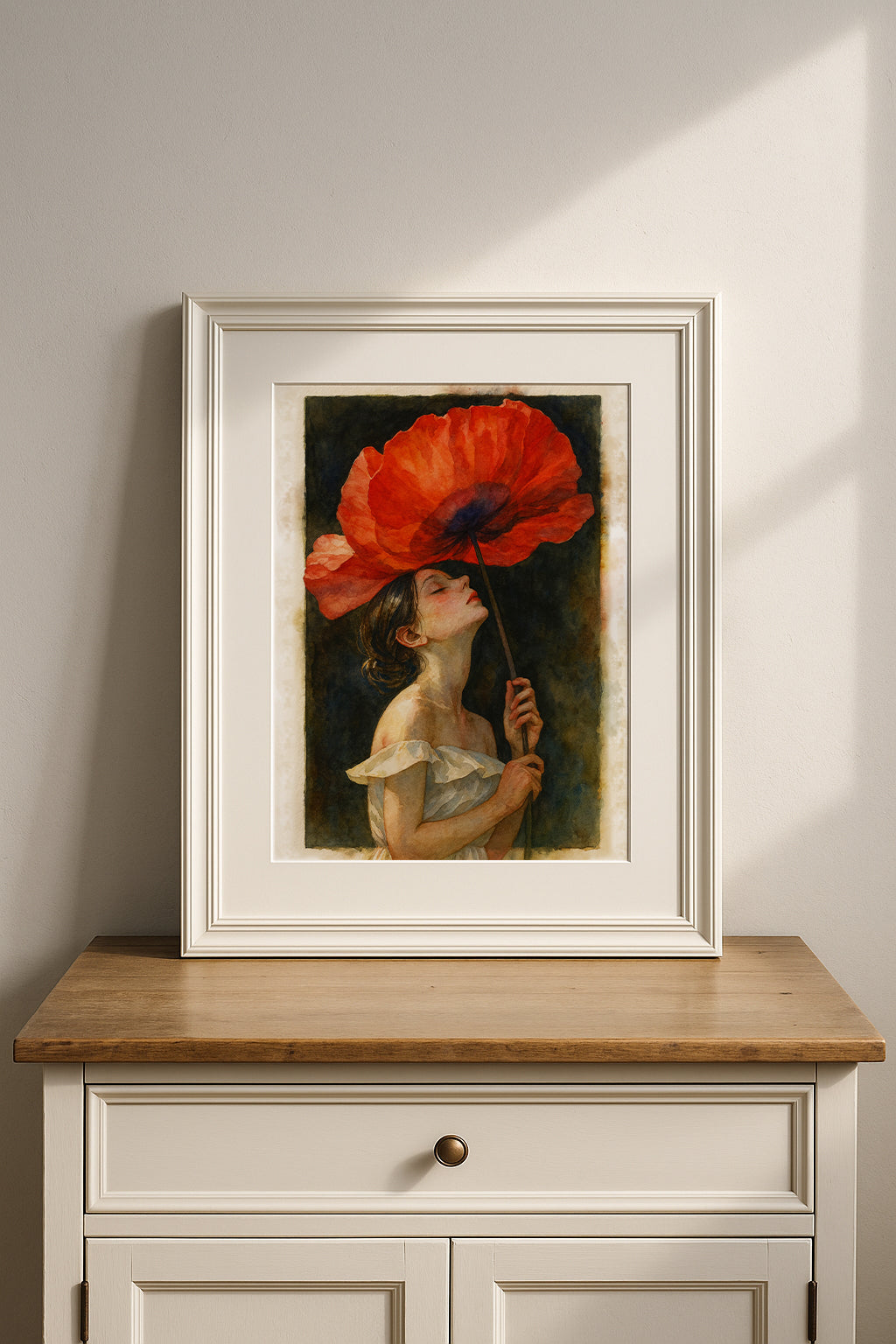 Framed painting of a woman with a large red poppy flower