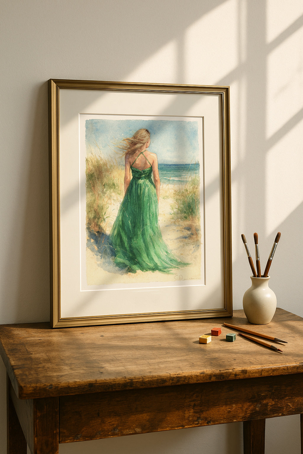 Woman in green dress on the sea.  Watercolor Art Print
