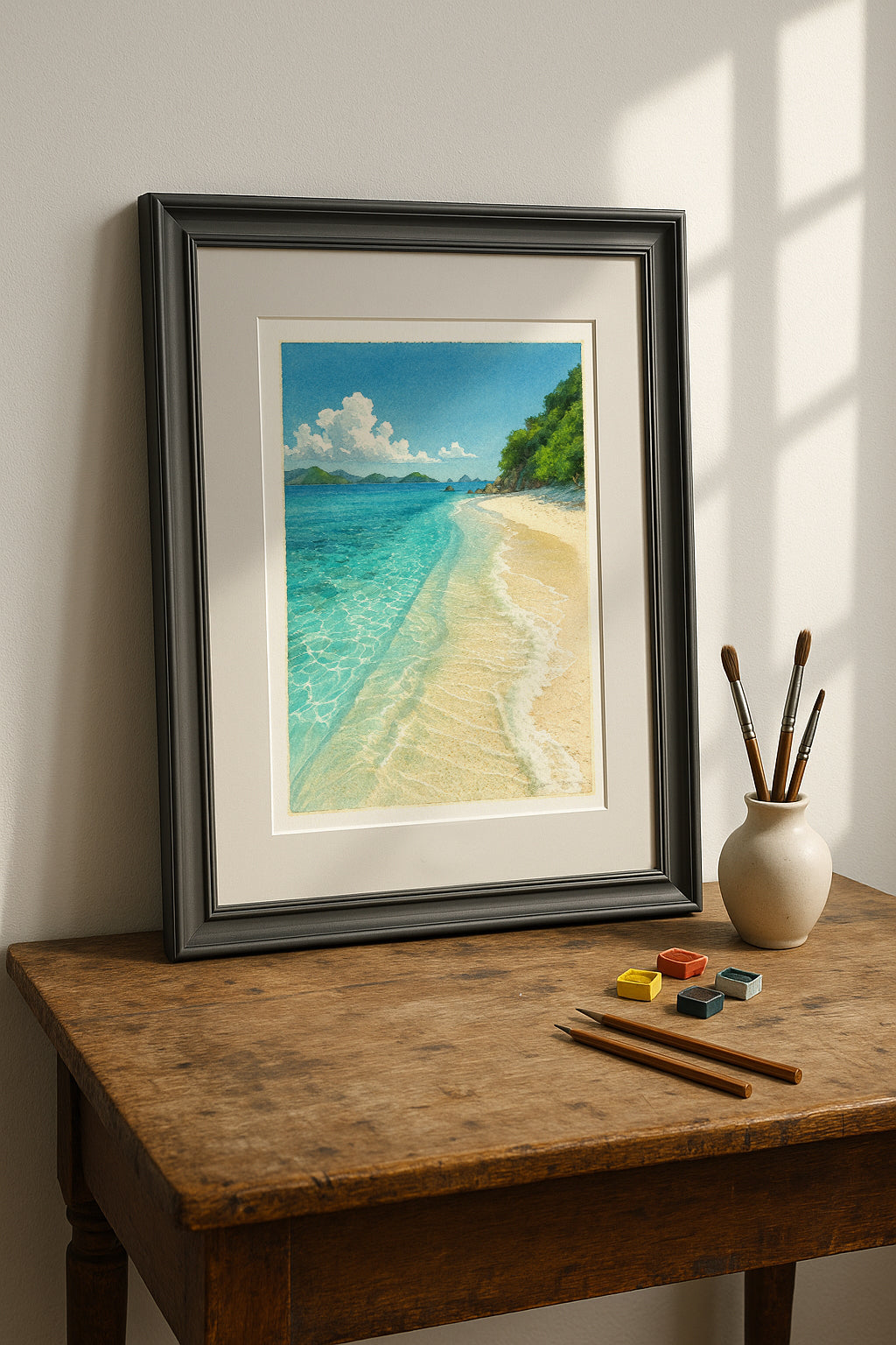 Framed painting of a beach scene wall art
