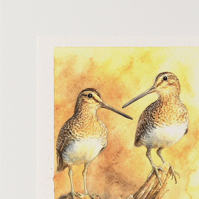 Watercolor painting of two birds on a branch with a yellow background