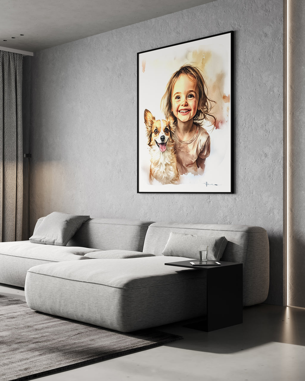 Framed artwork of a child and dog on a wall above a sofa in a modern living room.