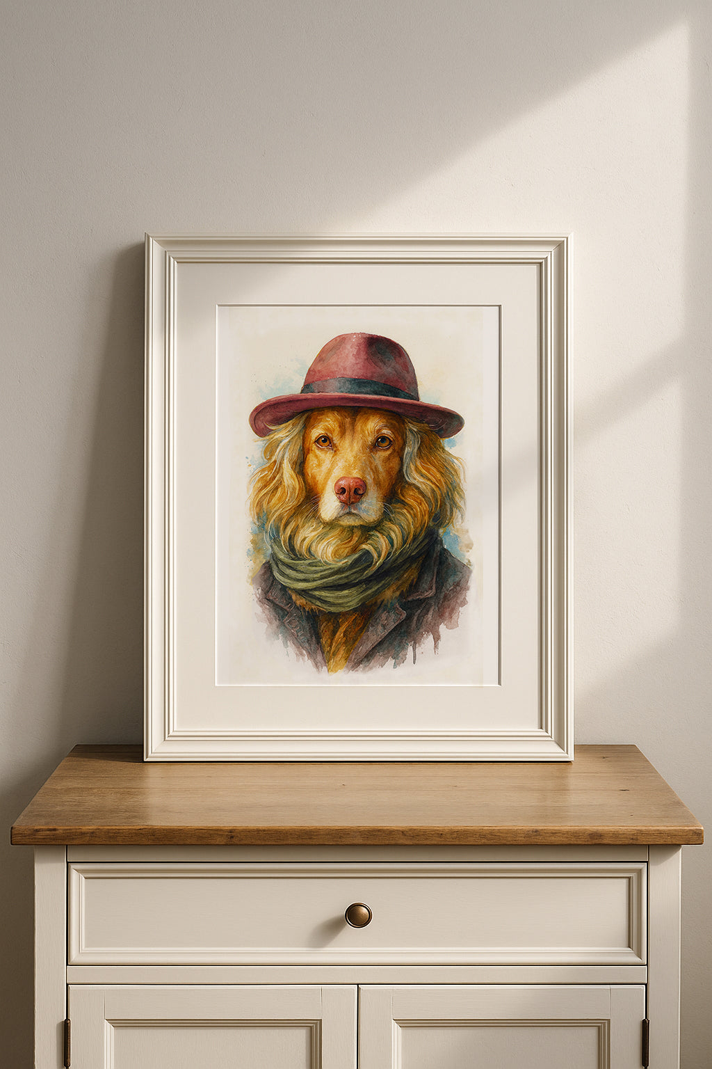 Framed artwork of a dog wearing a hat and scarf custom illustrations