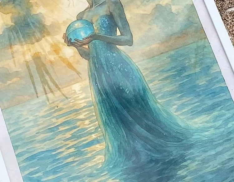 woman in a blue dress holding 