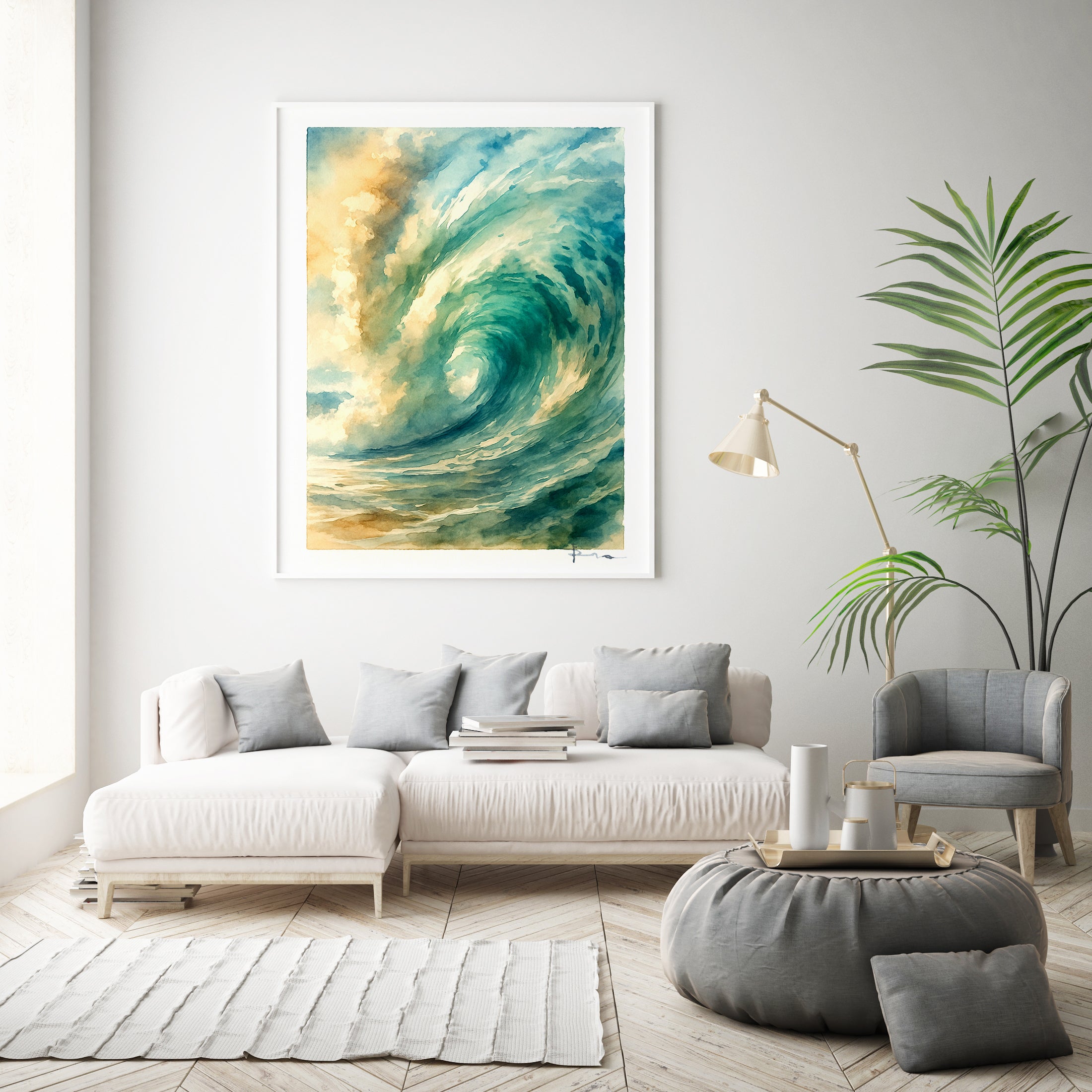 Modern living room with a large abstract painting of a wave,