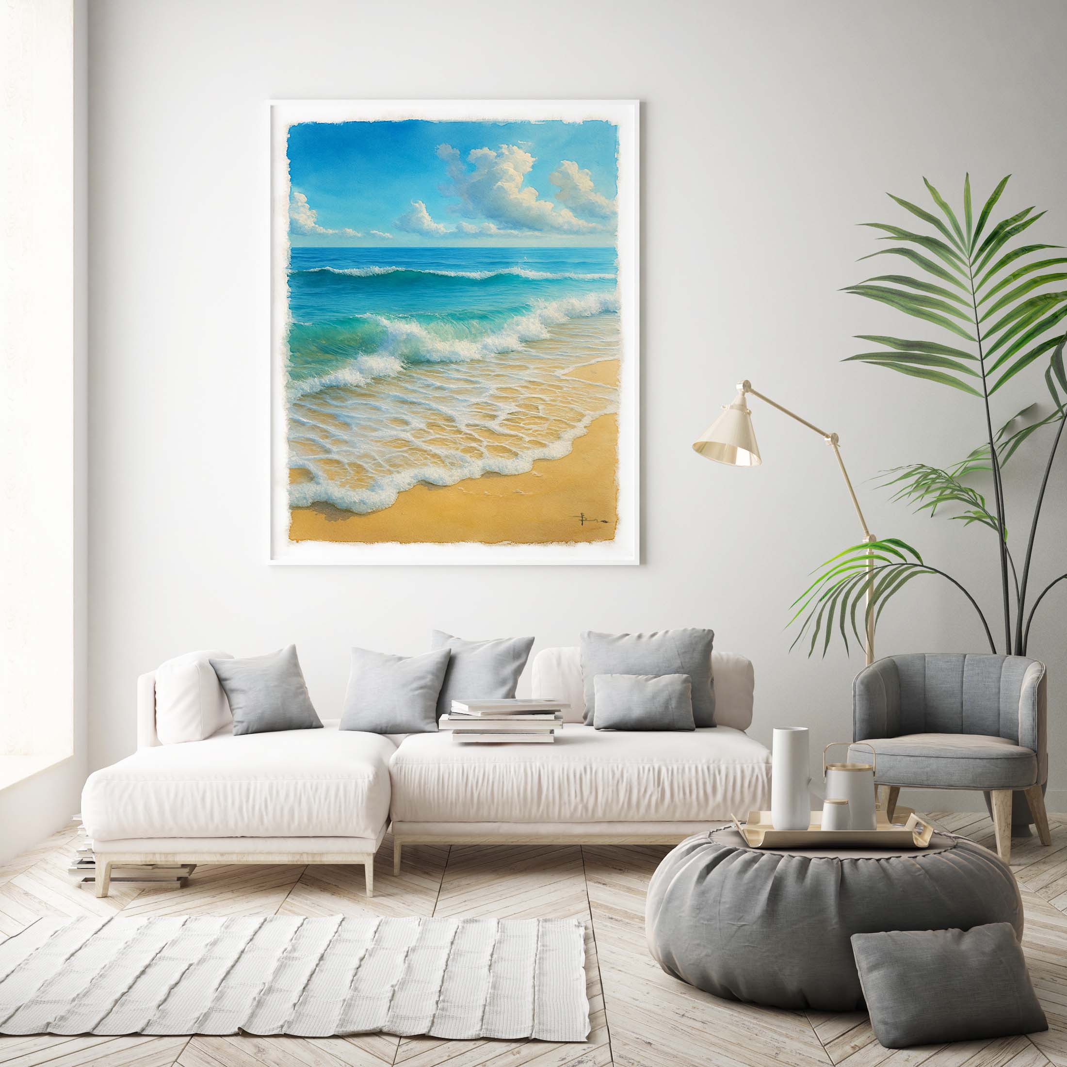 Living room with a beach scene painting on the wall, white sofa, and decorative items.