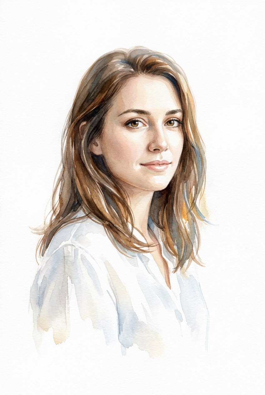 Classic watercolor portrait of a young woman on white watercolor paper