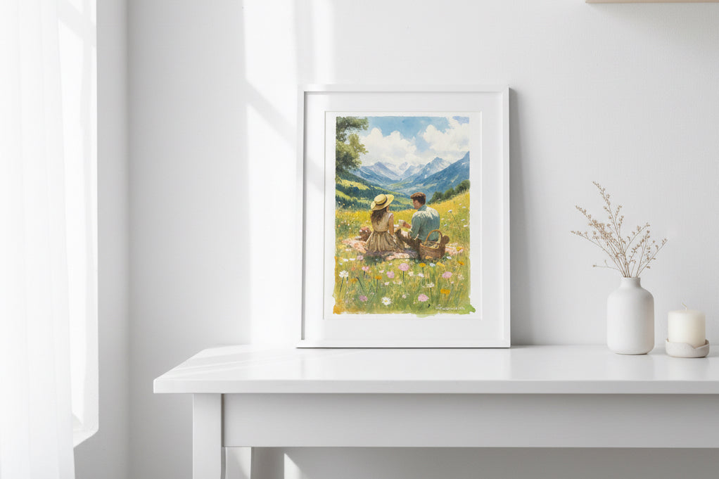 Framed artwork of a couple at a picnic in a field on a white table.