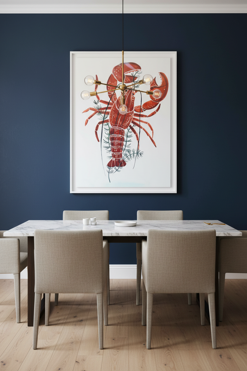 Dining room with a table and chairs, and a framed lobster artwork on the wall.
