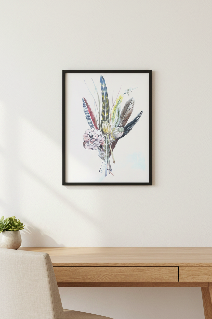 Framed artwork of colorful feathers on a white wall above a wooden desk.