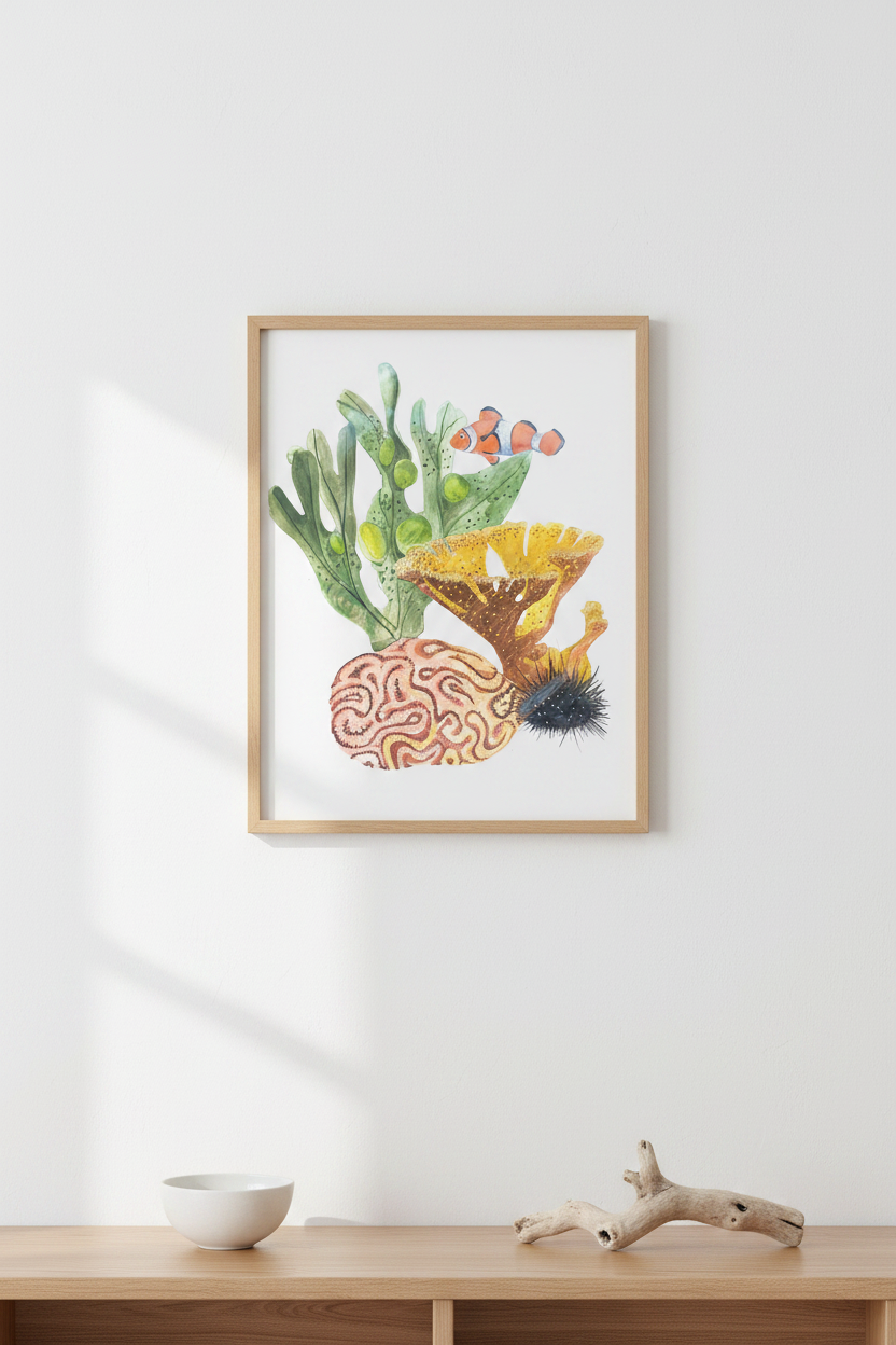 Ocean Life Watercolor Wall Art Print | Clownfish & Coral Reef Painting