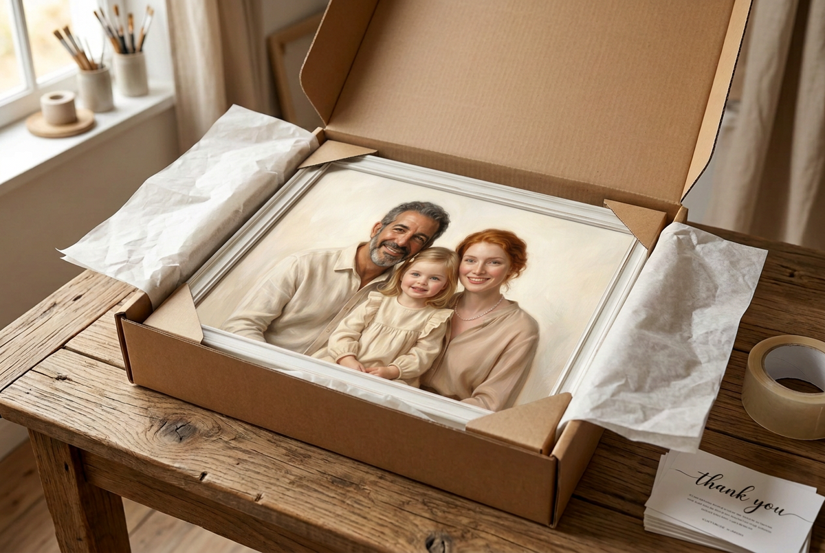 Oil-style family portrait with a light cream background