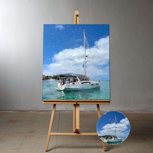 Canvas orignal of a sailboat on an easel with a close-up inset, against a gray wall.