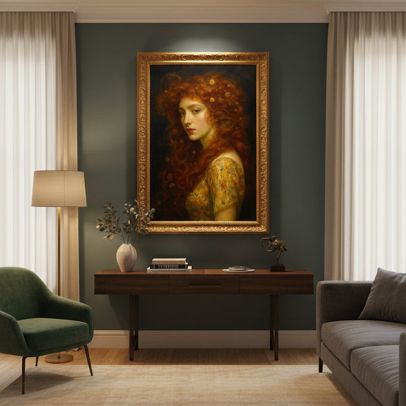 A classical oil painting portrait of a young woman with voluminous curly red hair adorned with small flowers, wearing a floral-patterned yellow dress against a dark background.