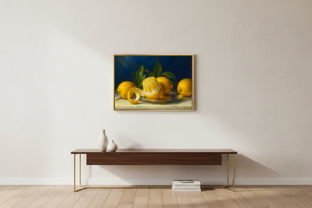 Framed artwork of lemons on a wall above a wooden console table.