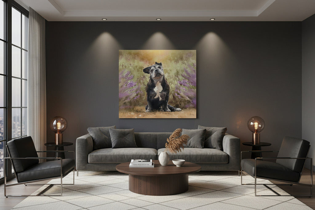 A painted portrait of a black-and-white French bulldog sitting in a field of purple flowers, with a warm golden glow in the background.