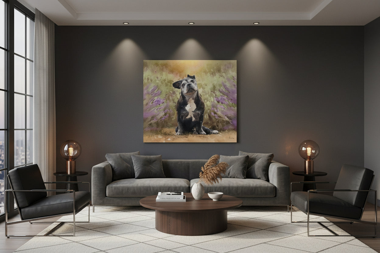 A painted portrait of a black-and-white French bulldog sitting in a field of purple flowers, with a warm golden glow in the background.