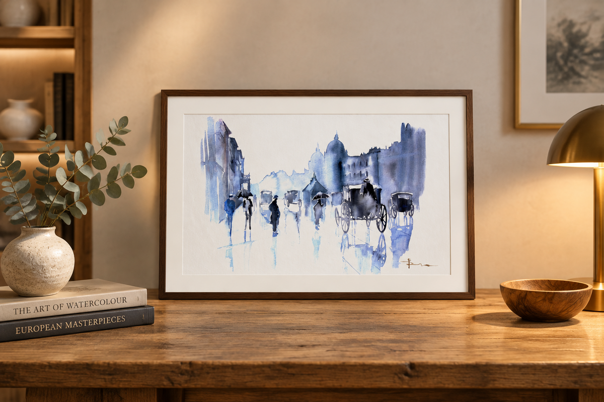 Original European Street Watercolor Painting — Hand-Painted Wall Art