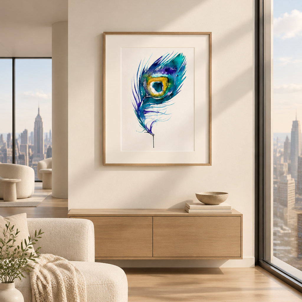 A framed art print featuring a vibrant blue and green peacock feather with a yellow accent, displayed on a beige wall in a modern, sunlit living room with a city skyline view.