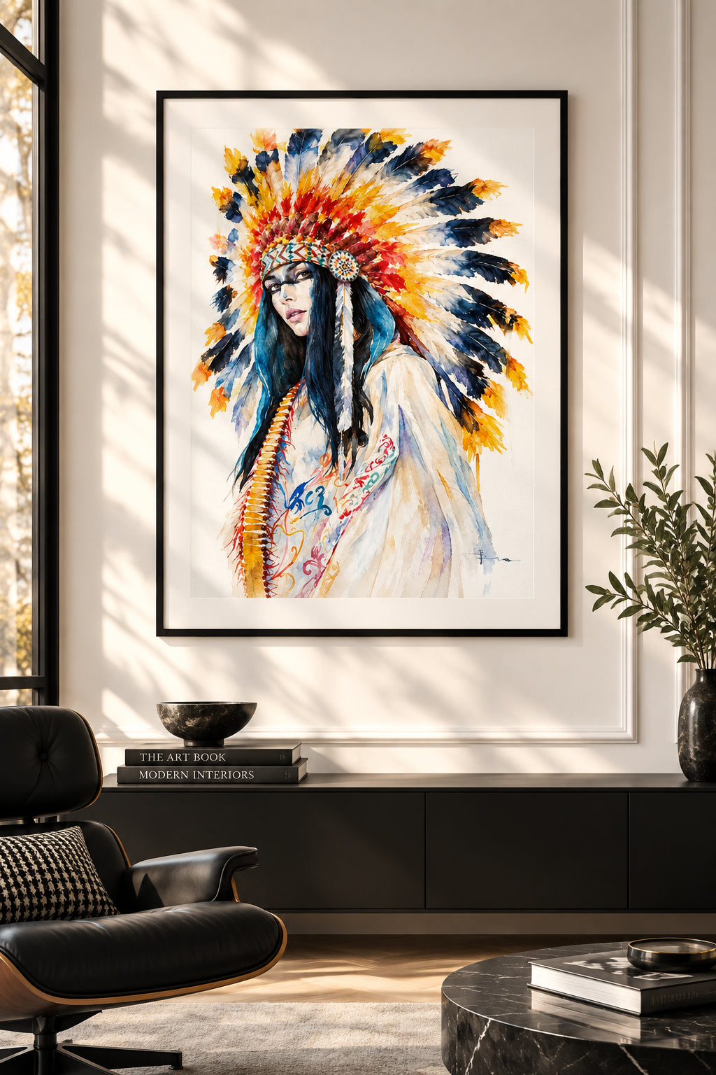 Watercolor painting of a woman wearing a colorful feathered headdress and patterned clothing on a white background.