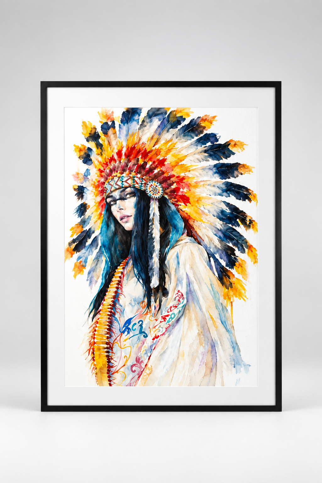 A framed art print featuring a watercolor painting of a woman wearing a vibrant, multicolored feathered headdress and a white robe, displayed in a black frame against a light gray background.