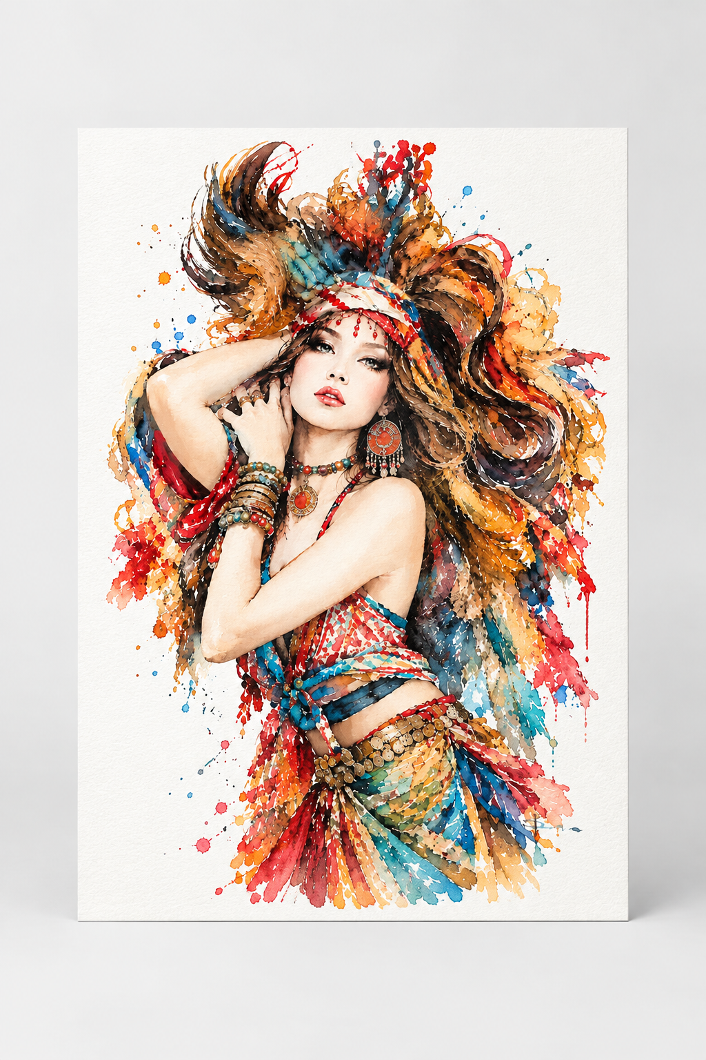 A vertical art print featuring a colorful watercolor painting of a woman with flowing hair and splattered paint details, shown against a light gray background.