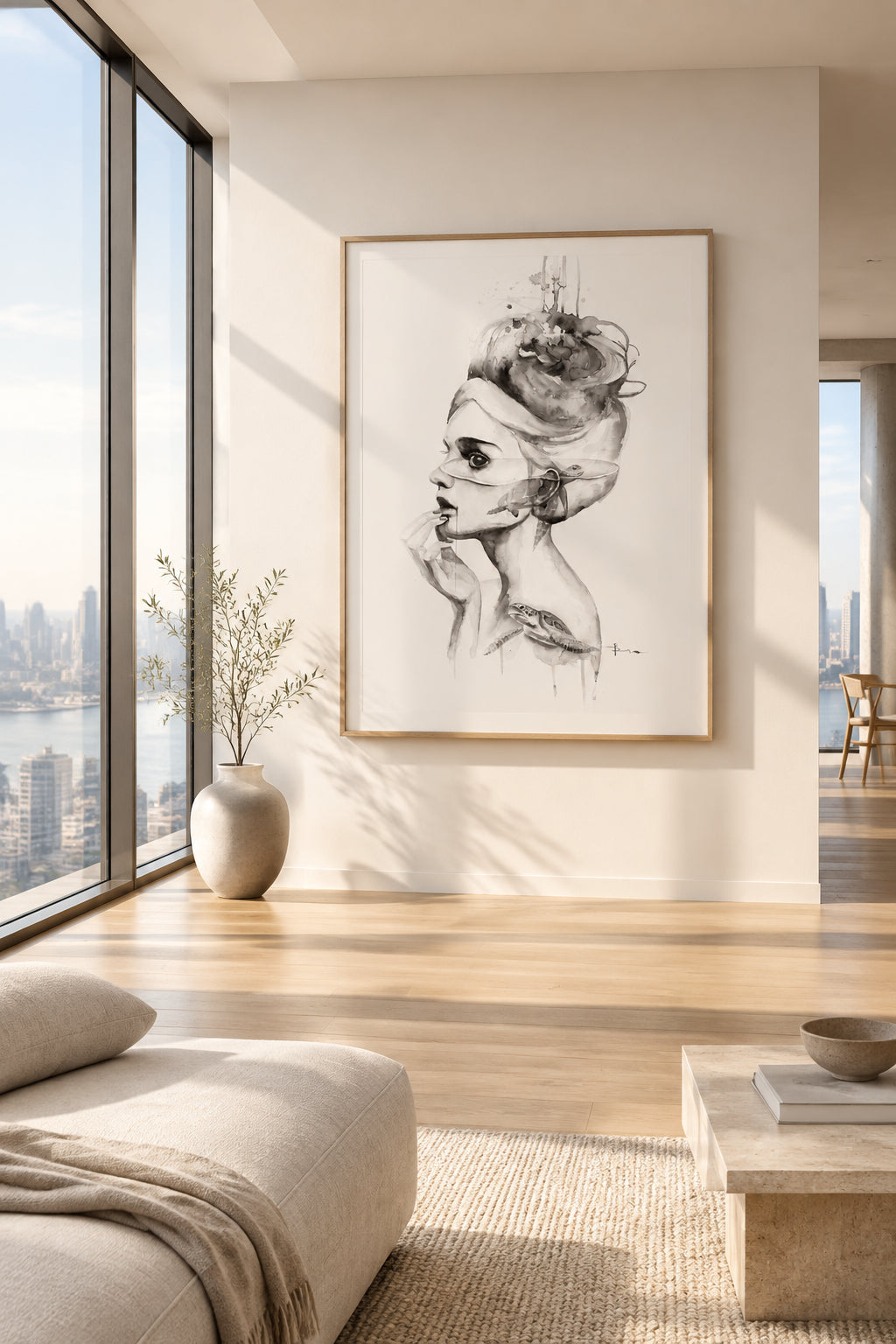 Black and white watercolor illustration of a woman in profile with surreal fish and droplet details integrated into her hair, face, and shoulder.