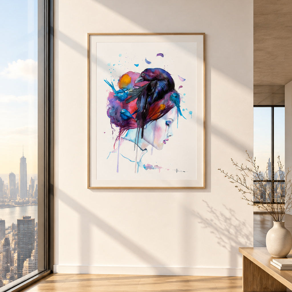 Watercolor art print featuring a profile portrait of a woman with birds and colorful paint splashes in her hair, set against a plain white background.