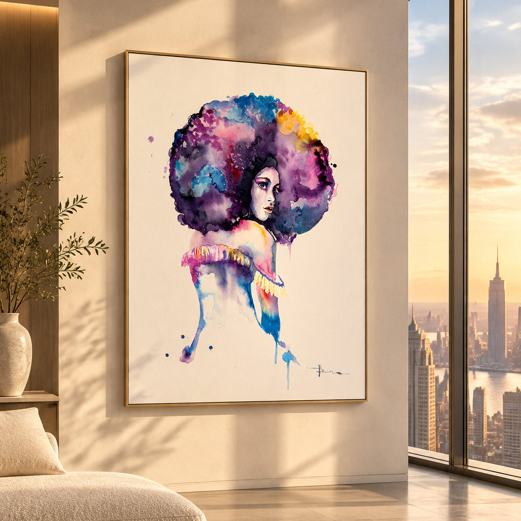 Watercolor portrait of a woman with a large voluminous afro hairstyle in purple, blue, pink, and yellow tones, with a white background and a small artist signature at the bottom right.