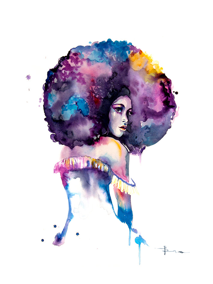 Watercolor portrait of a woman with a large voluminous afro hairstyle in purple, blue, pink, and yellow tones, with a white background and a small artist signature at the bottom right.