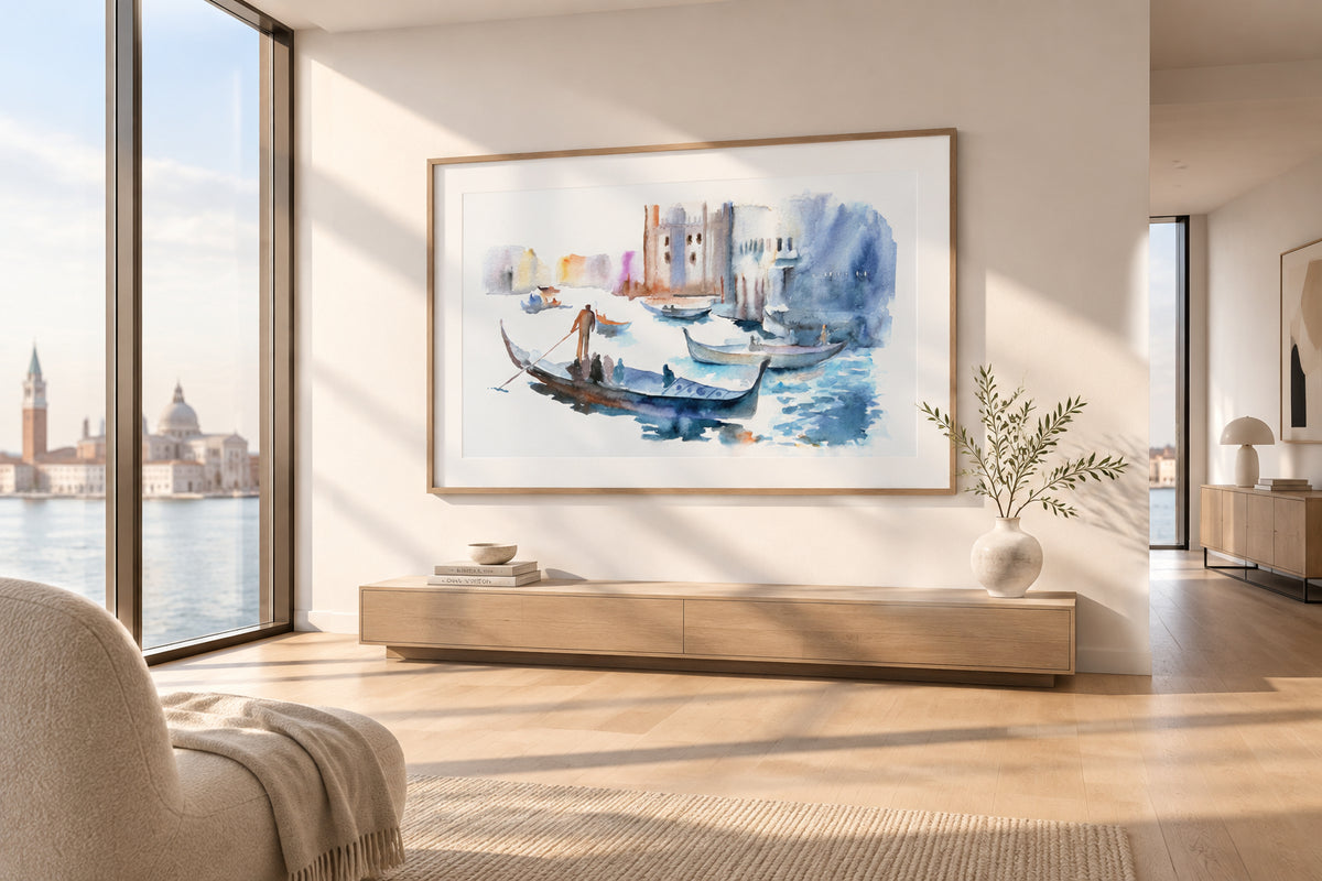 Watercolor painting of a Venetian canal scene with gondolas, boats, and buildings rendered in soft blue, white, brown, and pastel tones on a white background.