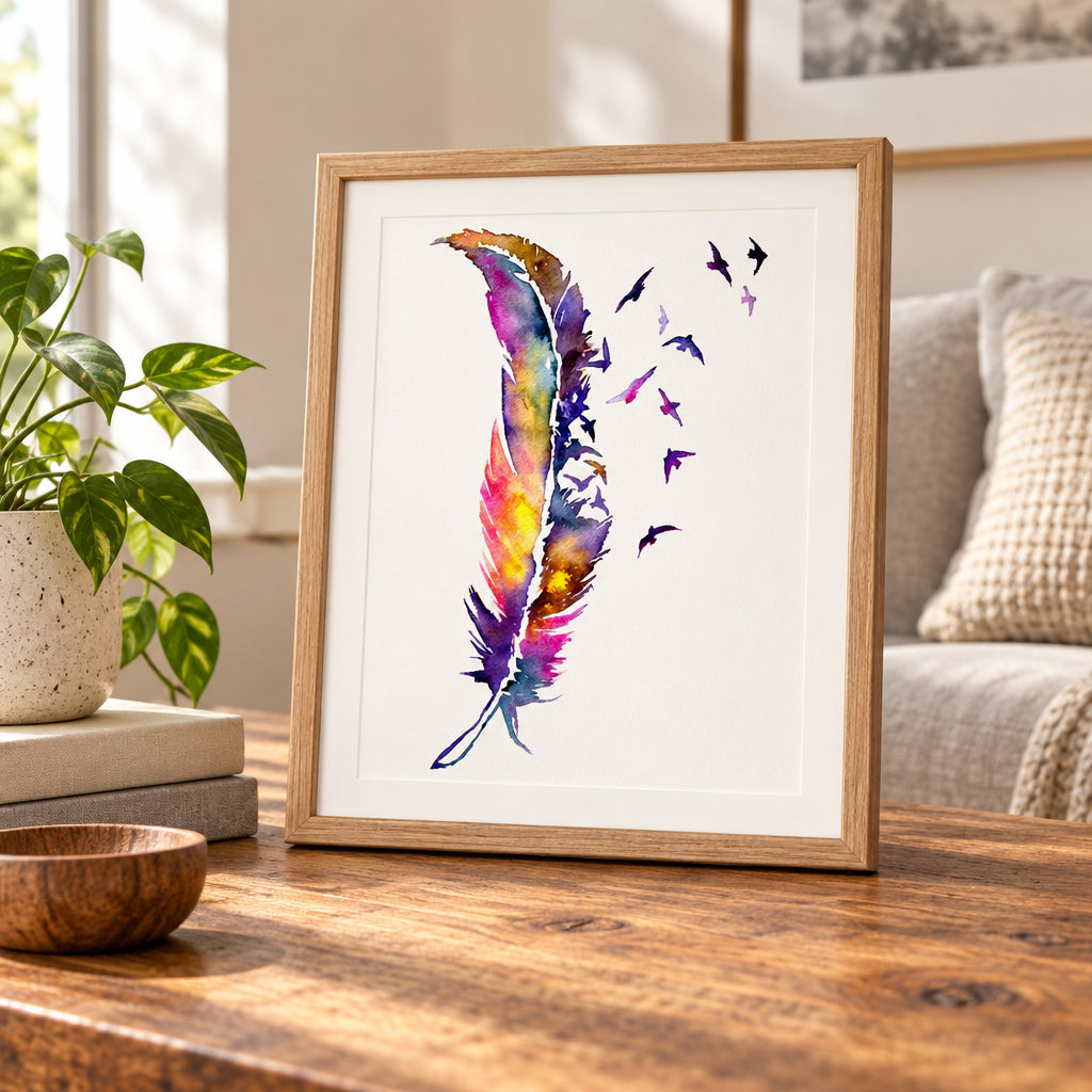 Watercolor illustration of a single multicolored feather in shades of purple, pink, orange, yellow, and blue, with several small bird silhouettes flying to the right on a white background.