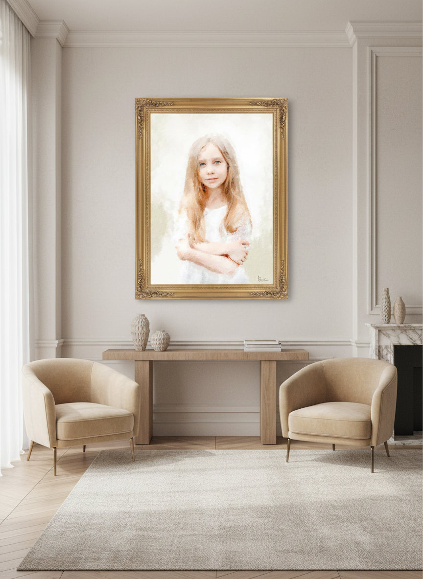 Young girl with long blonde hair wearing a white dress against a light background