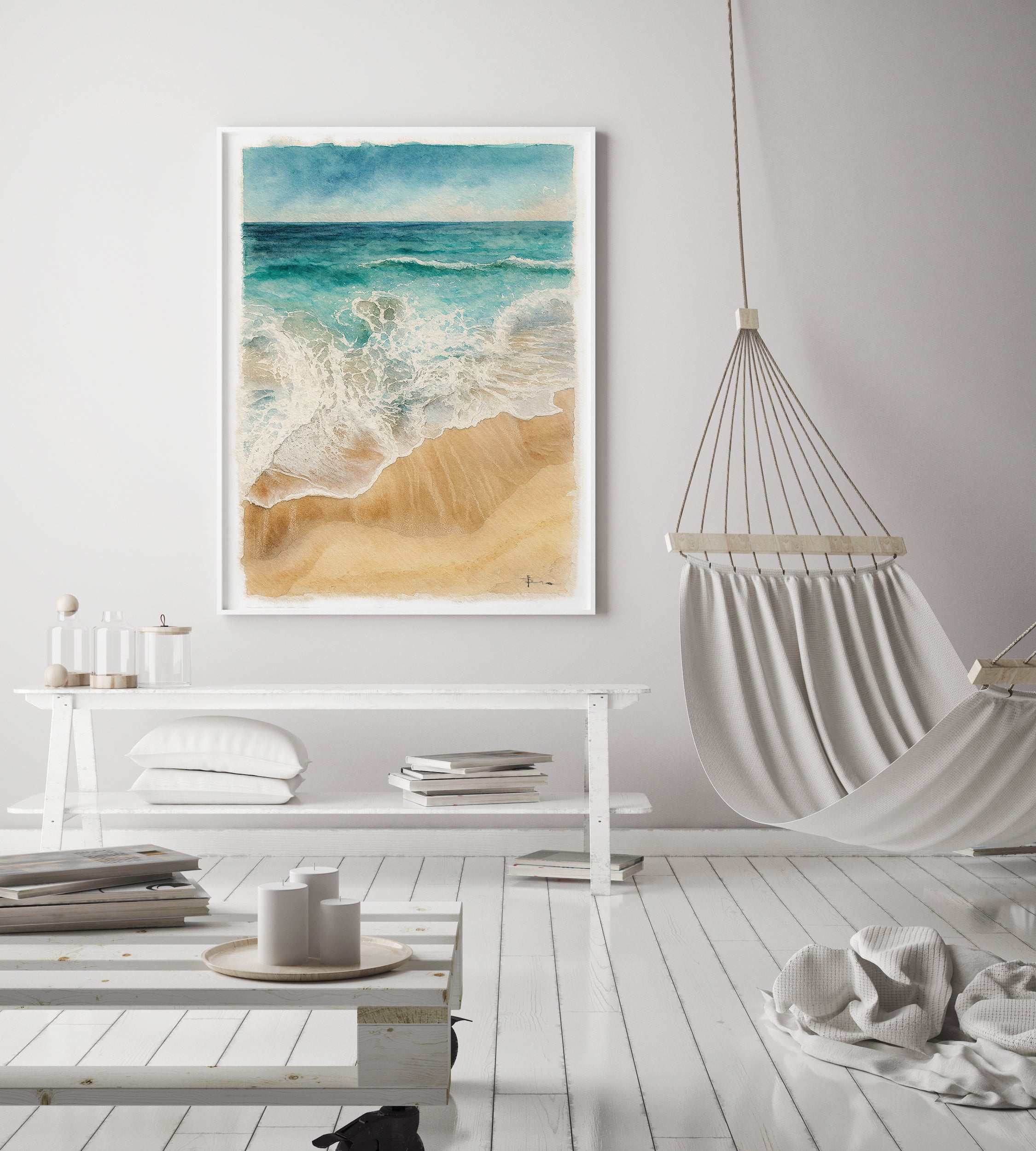 Beach-themed wall art in a modern room with a hammock and minimal decor.