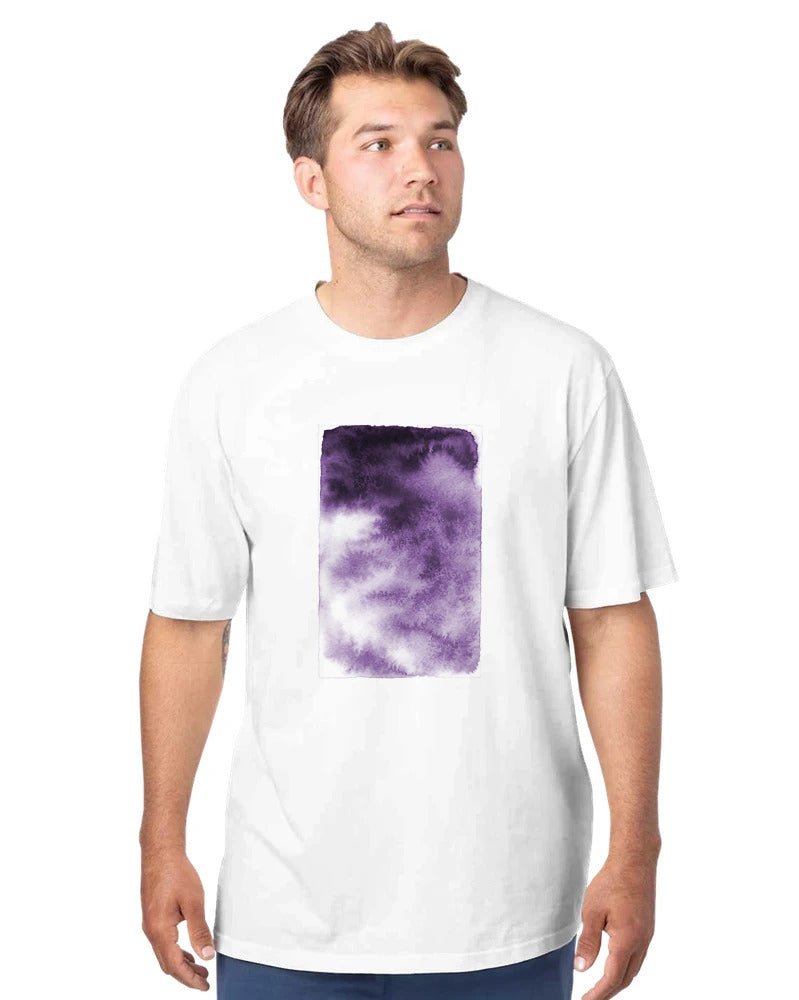 Man wearing a white t-shirt with a purple tie-dye design 