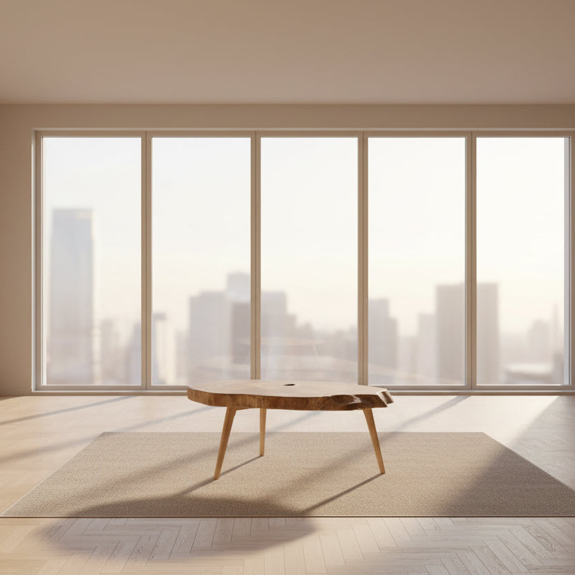 A rustic live-edge wooden coffee table with tapered legs, photographed in a workshop environment.