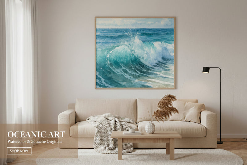 Watercolor painting of a large wave crashing in the ocean with a blue sky.