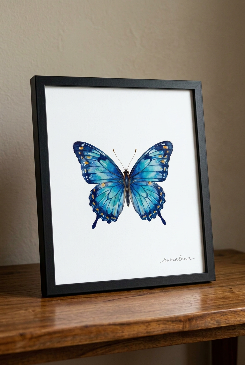 A framed butterfly art print leaning on a wooden table against a beige wall. The artwork shows a vivid blue butterfly with small orange and yellow spots on cream paper, set in a black frame with white matting.