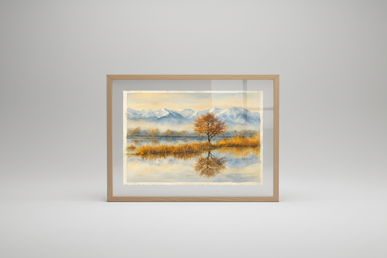Framed painting of a tree by a lake with mountains on a gray background