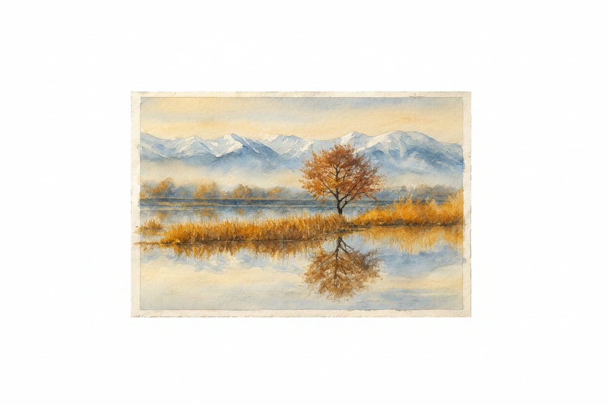 Autumn landscape with a tree by a lake and mountains in the background