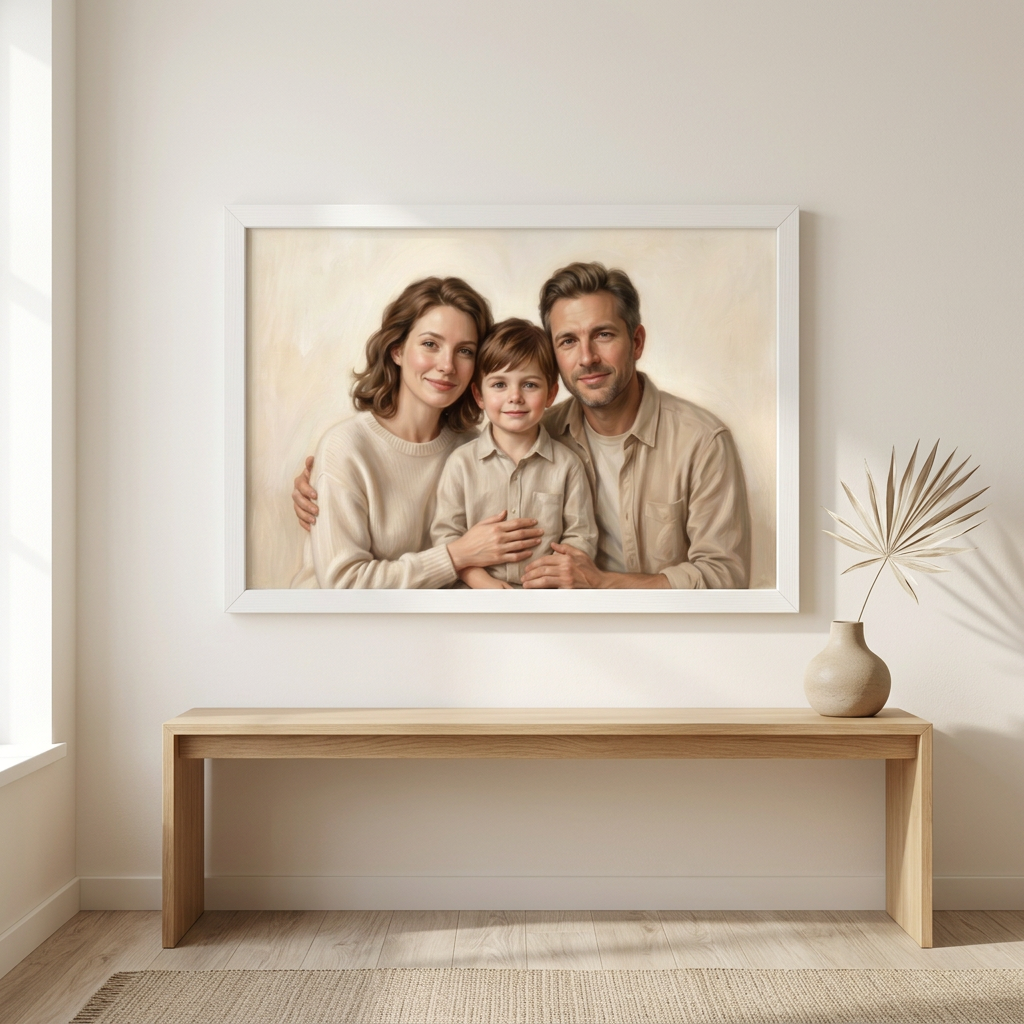 White-framed family portrait displayed on a living room wall